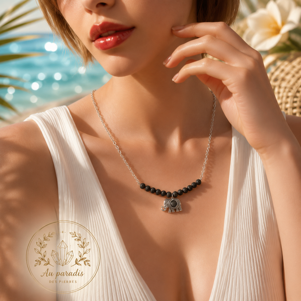 Collier chaîne elephant et Pierre de lave