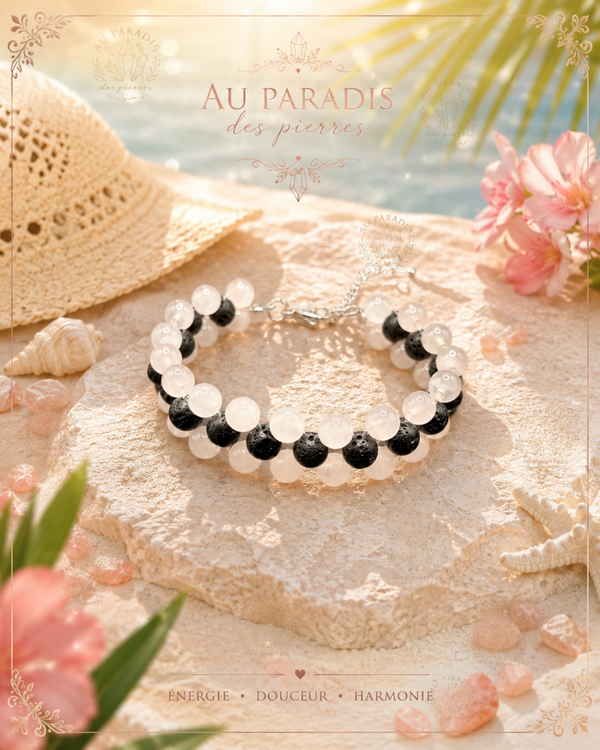Bracelet tressé réglable quartz rose,pierres de lave