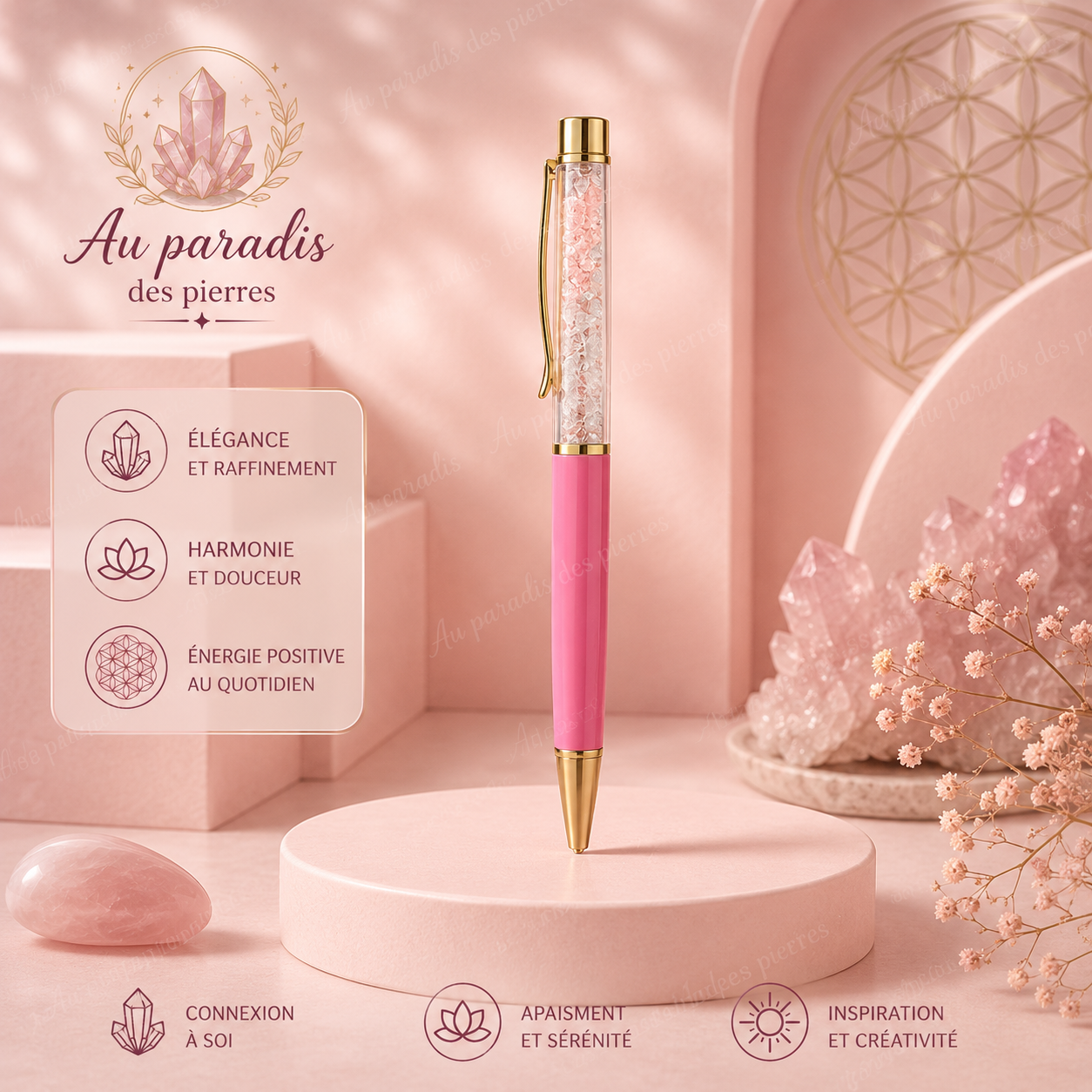 Stylo en pierres naturelles quartz rose