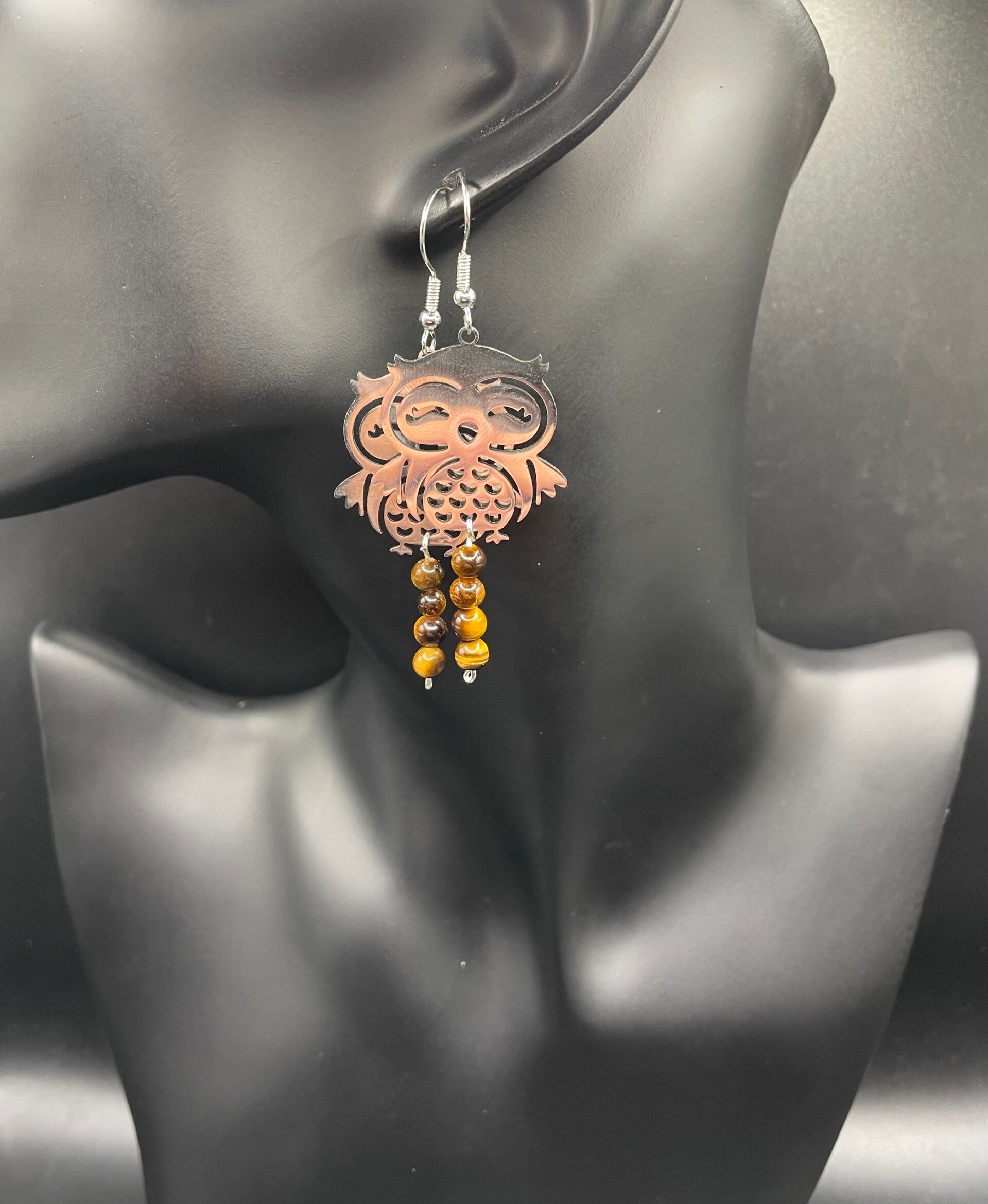 Boucle d’oreilles hibou et œil de tigre