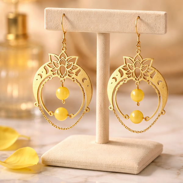 Boucle d’oreille pendante dorée sélénite arc en ciel jaune