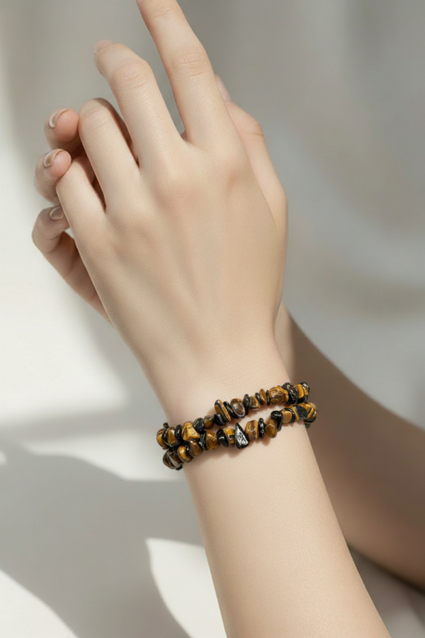 Bracelet double réglable perles chips tourmaline et œil de tigre