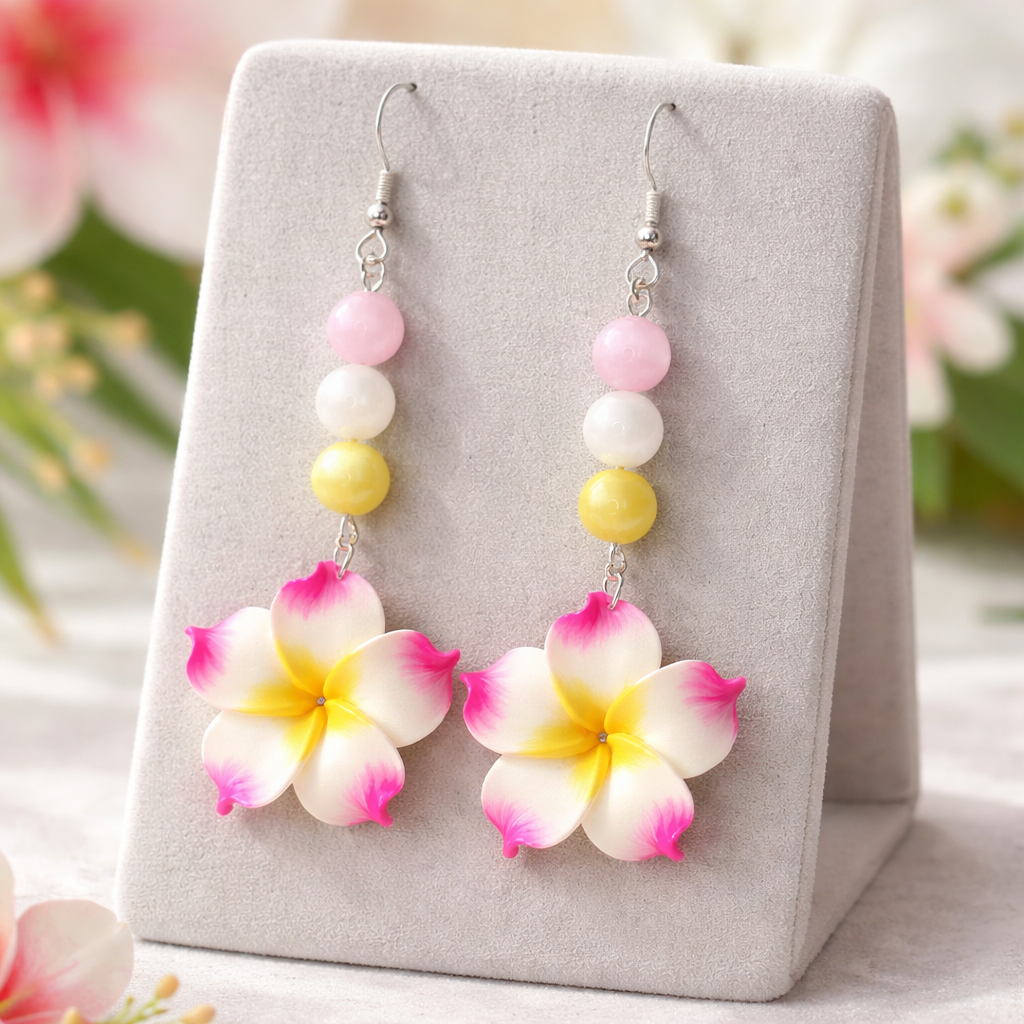 BOUCLES D’OREILLES FORME DE FLEURS DE PLUMERIA TROPICALES