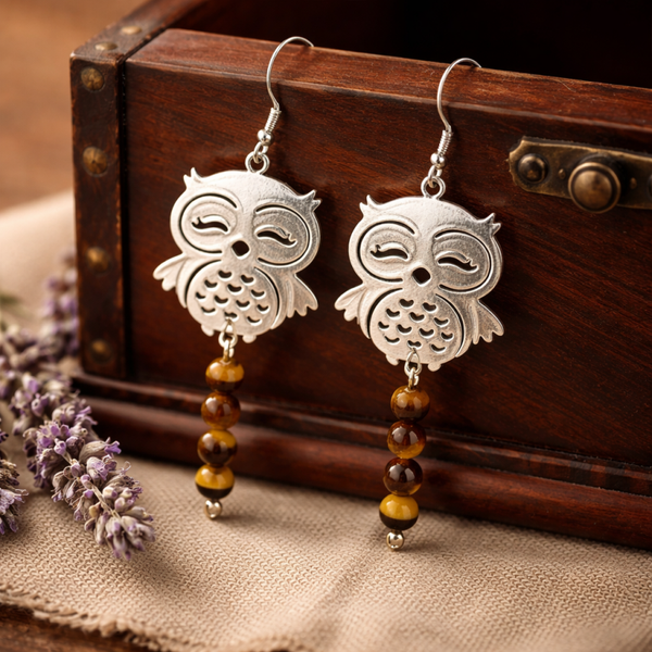 Boucle d’oreilles hibou et œil de tigre