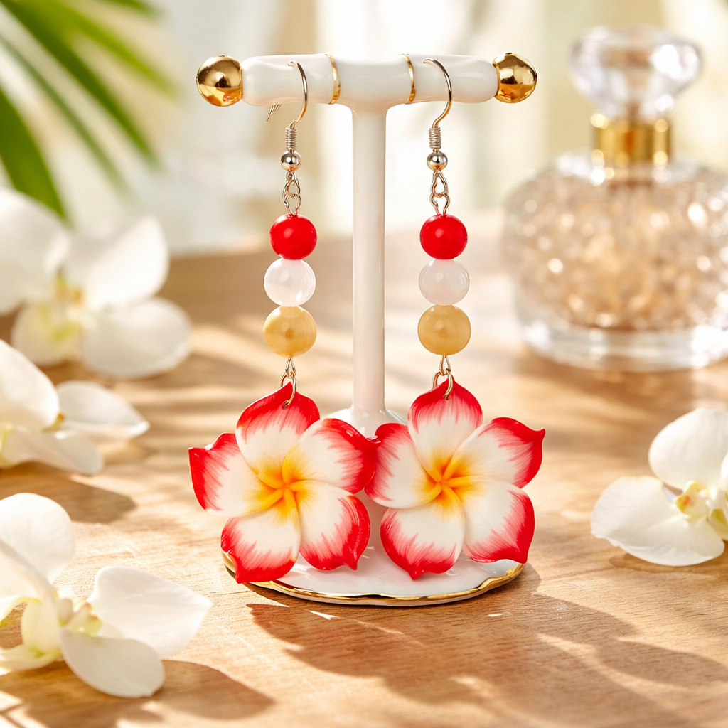 BOUCLES D’OREILLES FORME DE FLEURS DE PLUMERIA TROPICALES