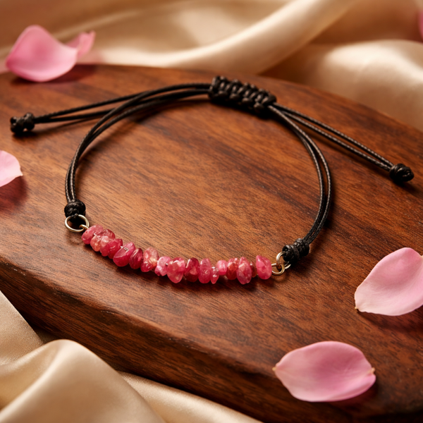 Bracelet réglable en cordon ciré tourmaline rose