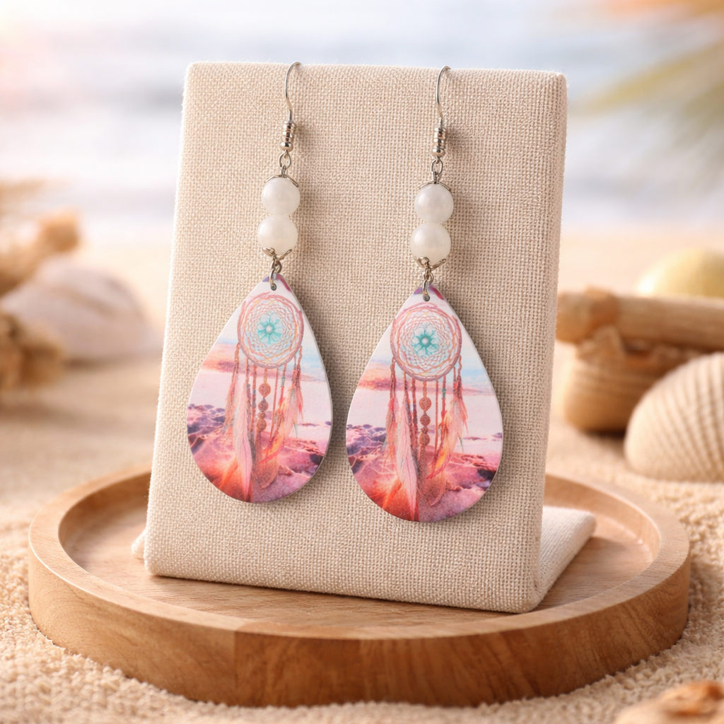 Boucle d’oreille bois attrape rêves et agate blanche