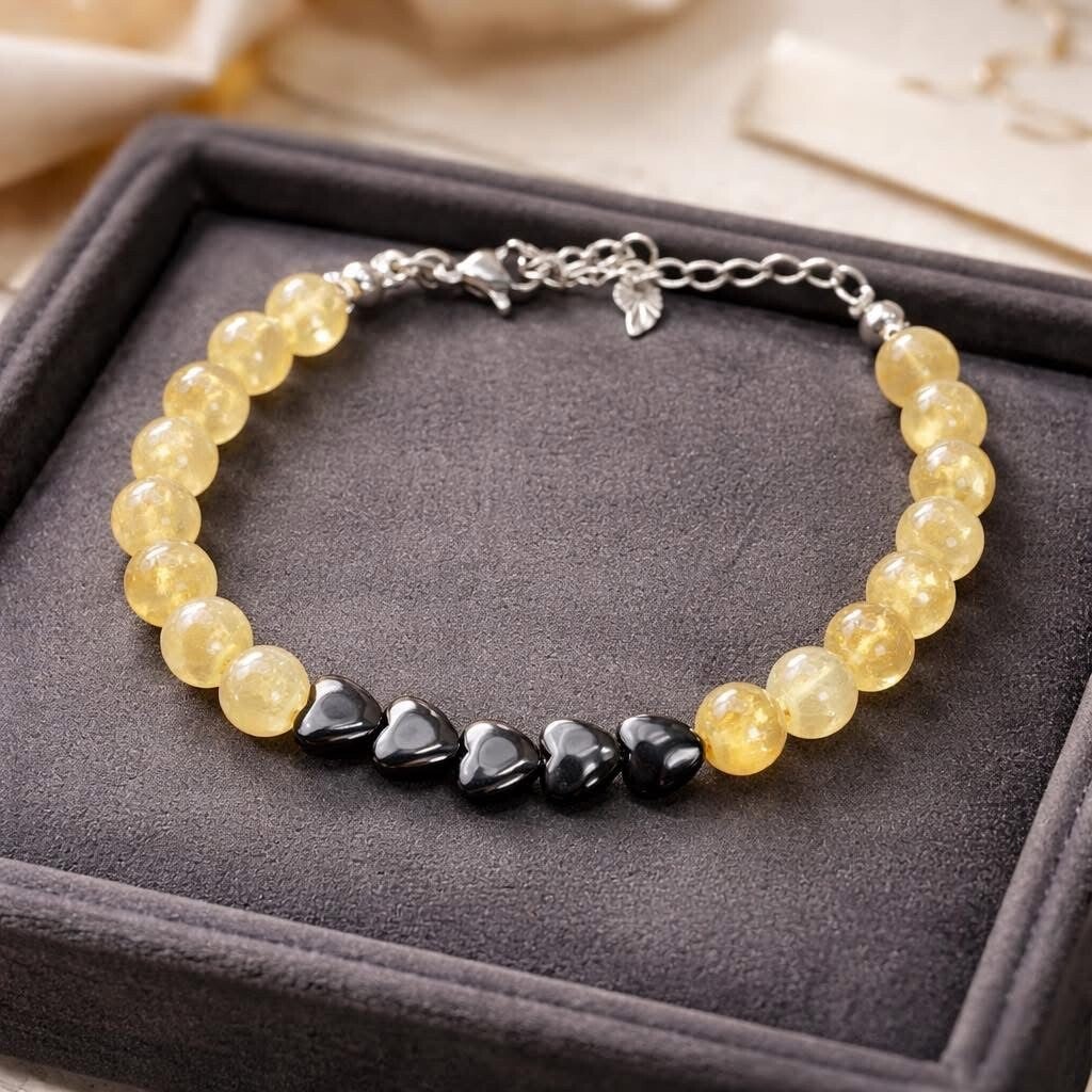 Bracelet réglable citrine (amethyste chauffee)et hématite cœur