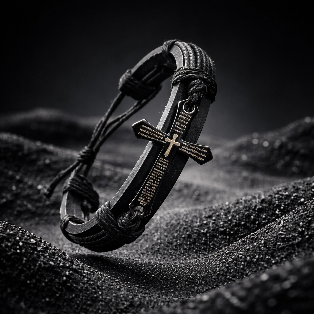 Bracelets réglables cuir noir et croix en métal argenté