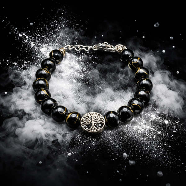 Bracelet réglable en Agathe noir fil d’or