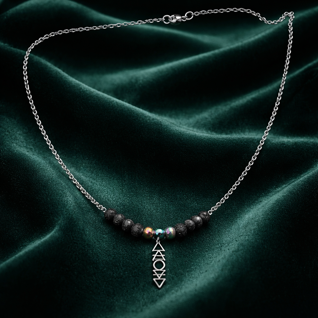 Pendentif chaîne en pierre de lave et hématite arc en ciel