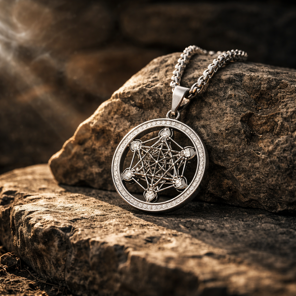 Pendentif Metatron argenté strass acier inoxydable