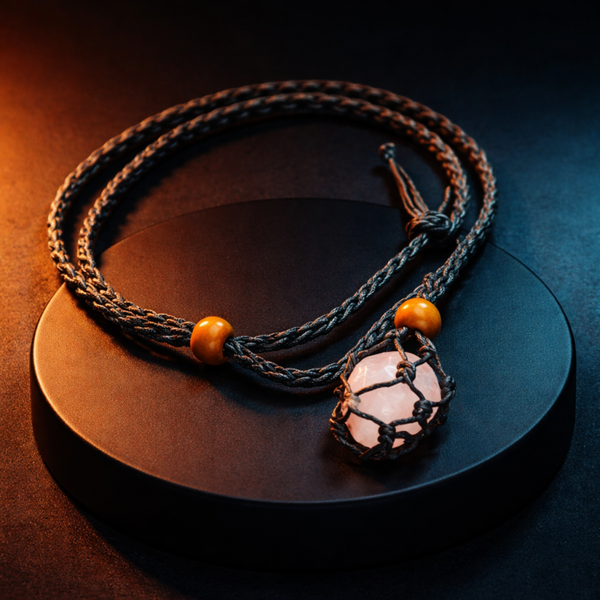 Collier réglable corde porte pierre noir