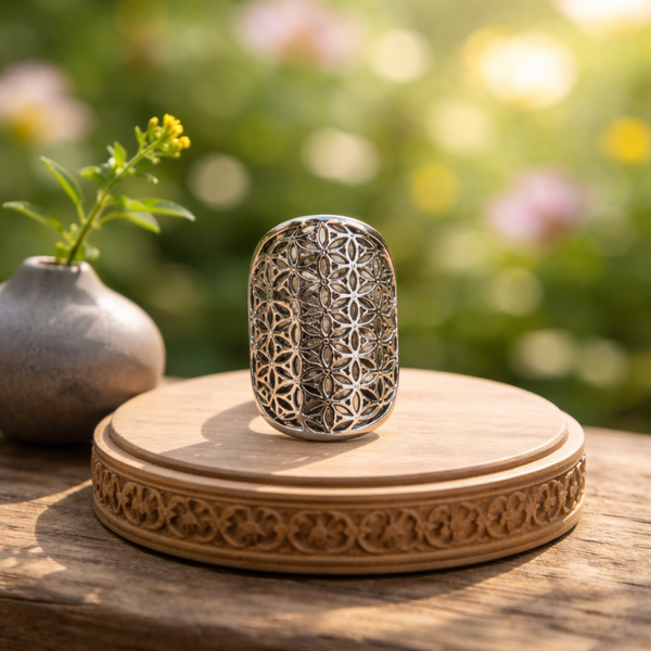 Bague réglable en laiton argenté fleur de vie