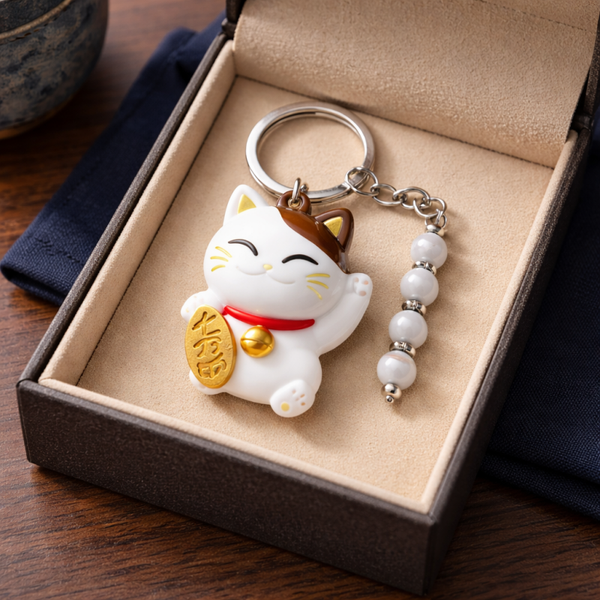 Porte clé maneki neko blanc et Pierres agate du botwsana