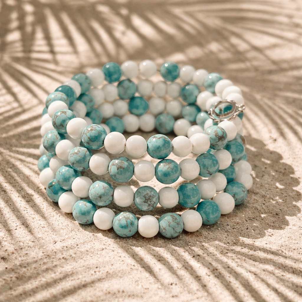 Bracelet multi tour turquoise et agate blanche