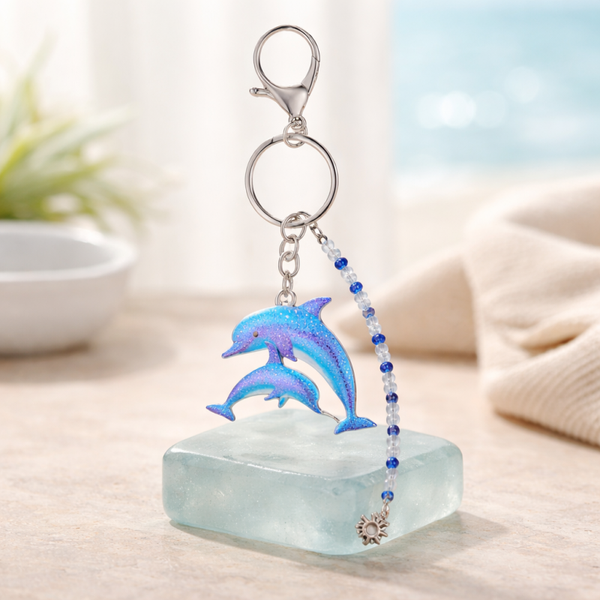 Porte clé dauphins opaline et Swarovski