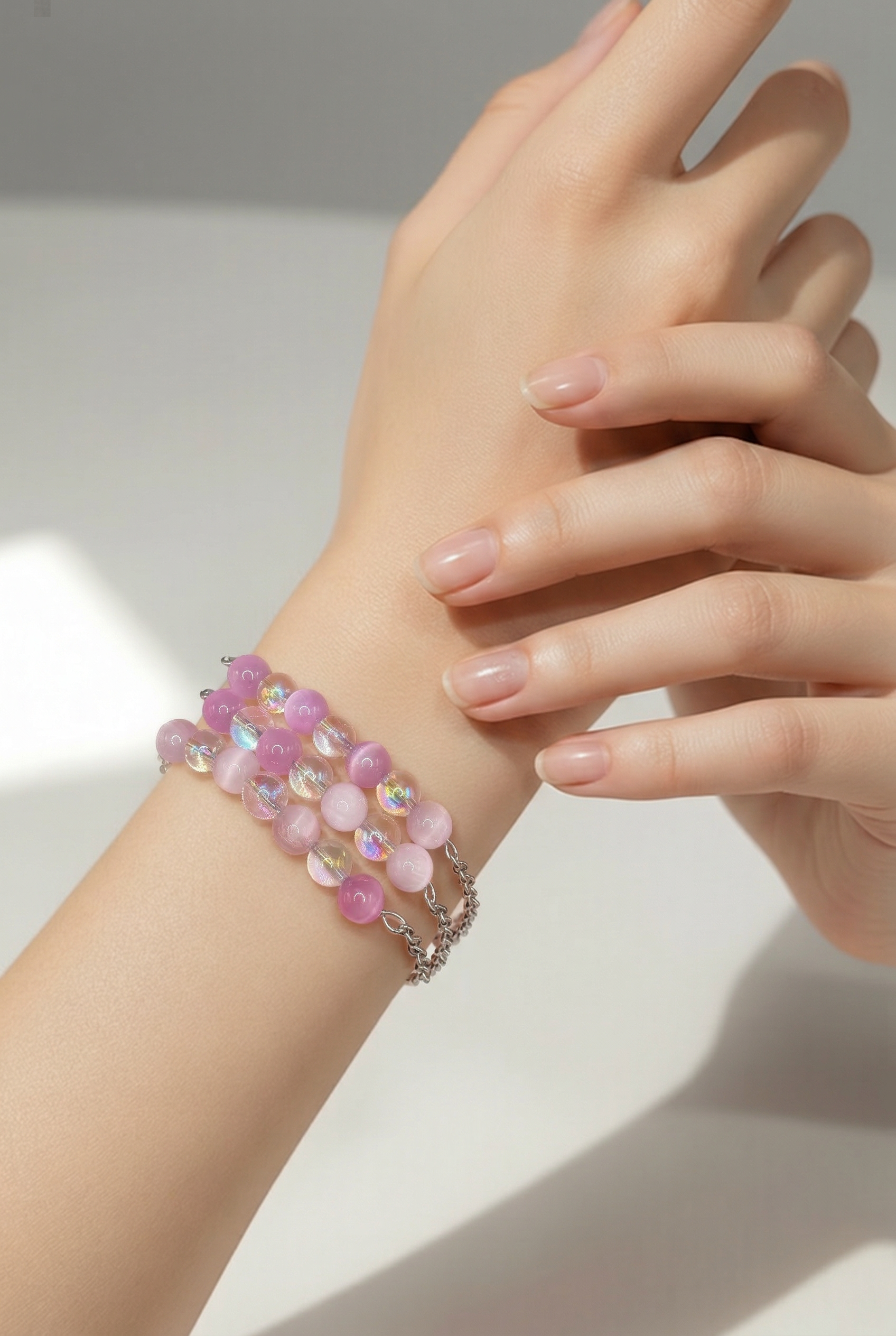 Bracelet chaînette triple Sélenite arc en ciel