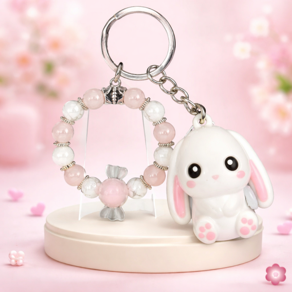 Porte clé ou bijoux sac  quartz rose et howlite