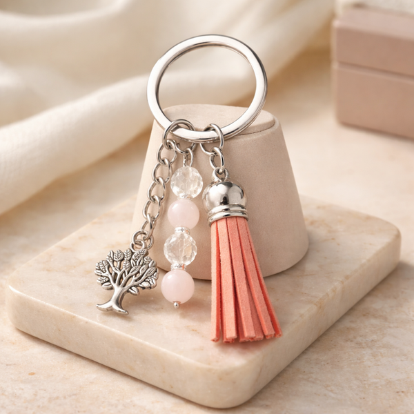 Porte clé  arbre de vie cristal et quartz rose
