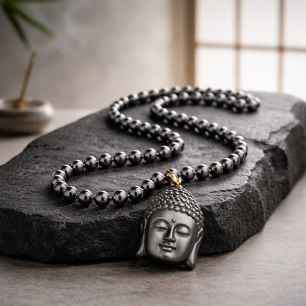 Pendentif bouddha en obsidienne et son collier