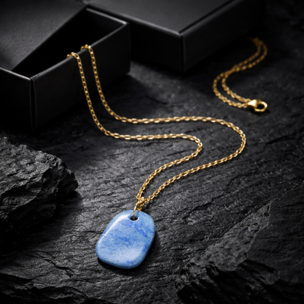 Pendentif aventurine bleu et sa chaîne dorée