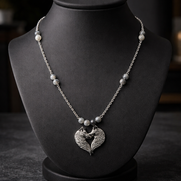 Chaîne avec pierre agate veine de dragon et pendentif loup 🐺