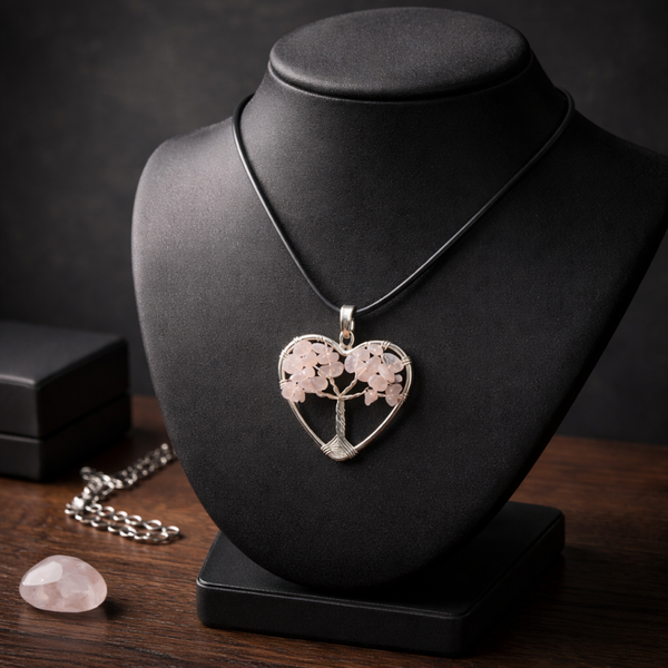 Pendentif arbre de vie  cœur quartz rose