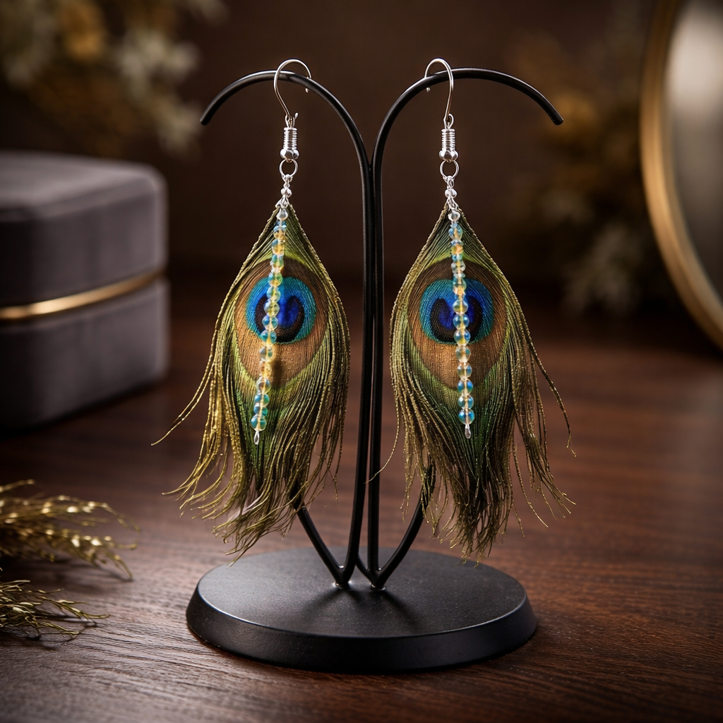 Boucle d’oreilles plume de paon et Aqua aura