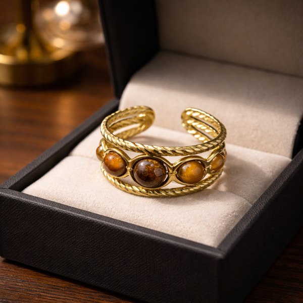 Bague ajustable dorée avec pierre oeil de tigre en Acier inoxydable