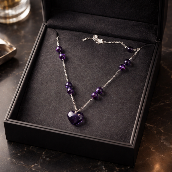 Chaîne perles améthyste Dark avec son cœur en améthyste 💜