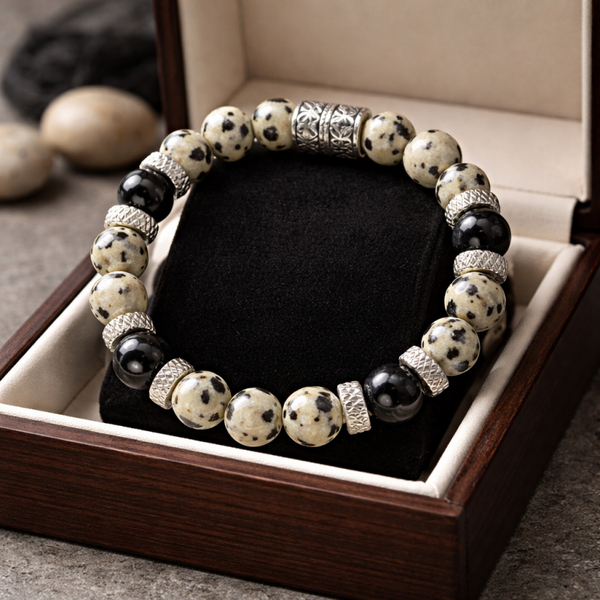 Bracelet jaspe dalmatiens et agate noire