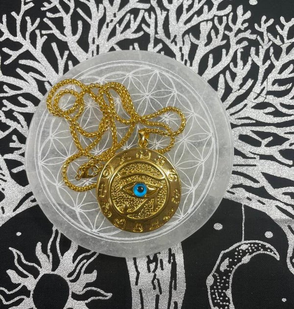 collier talisman oeil d’Horus “protection,sante,chance” doré