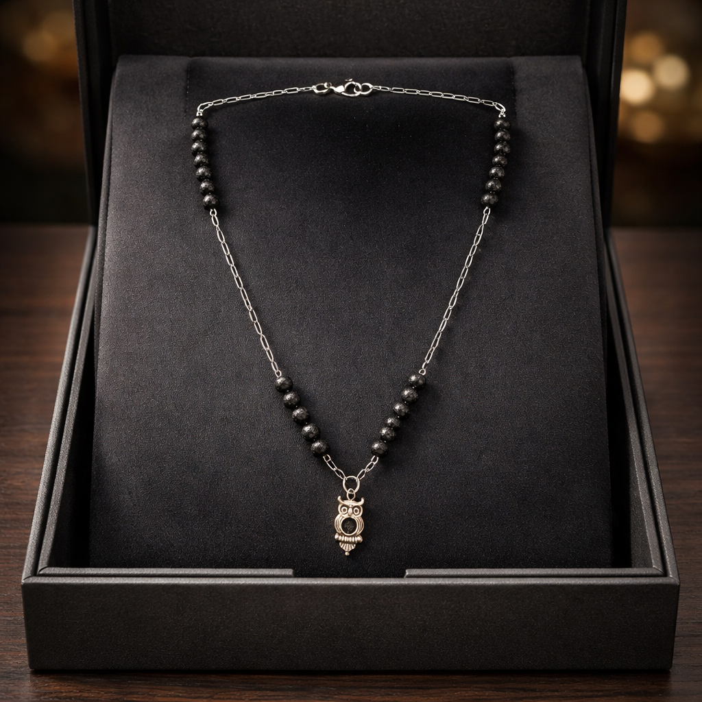 Chaîne pendentif hiboux Pierre de lave