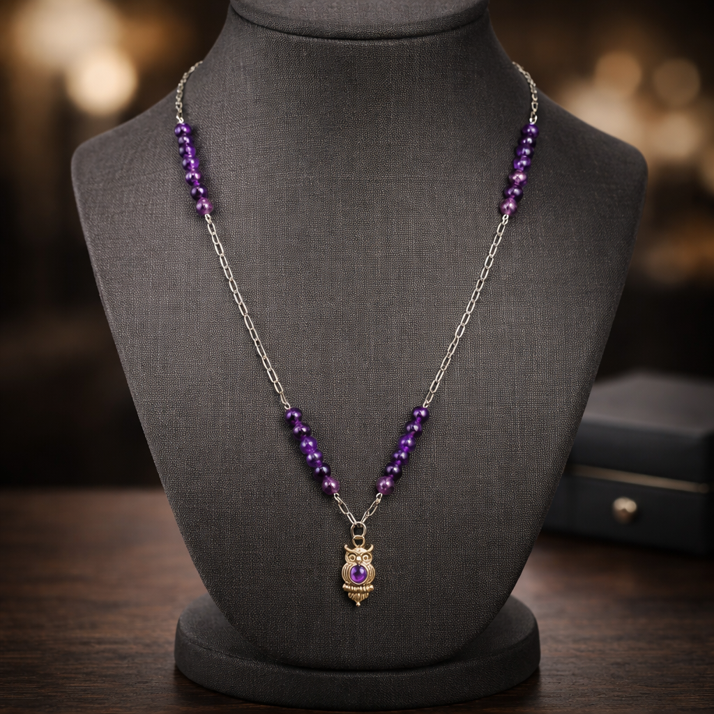 Chaîne pendentifs hibou améthyste