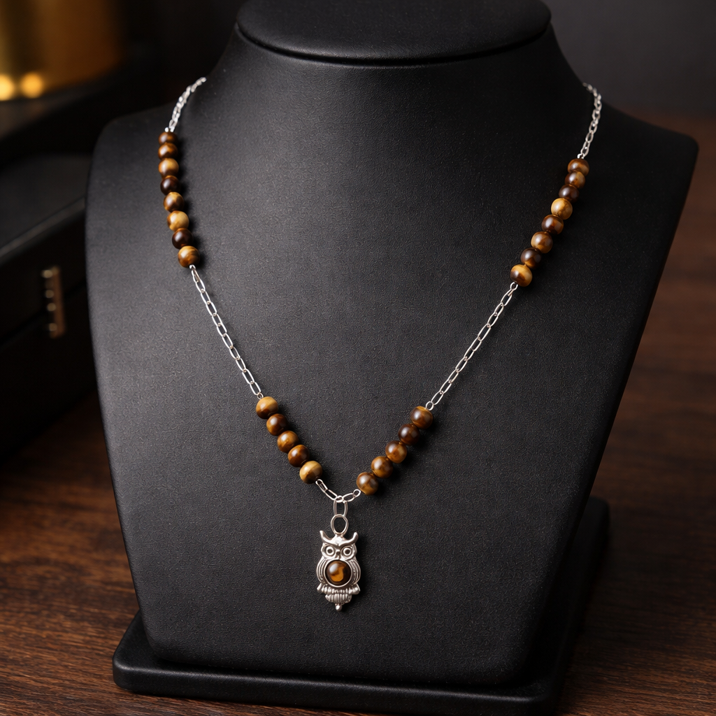 Chaîne pendentif hiboux œil de tigre