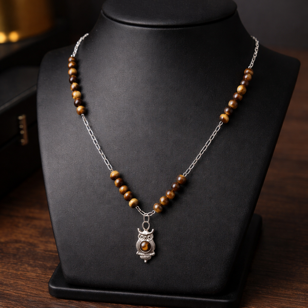 Chaîne pendentif hiboux œil de tigre
