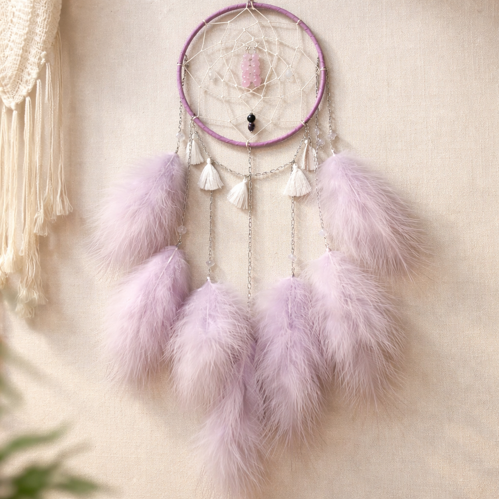Attrape-rêves Quartz Rose, Sélénite & Améthyste – Harmonie & Énergie Douce
