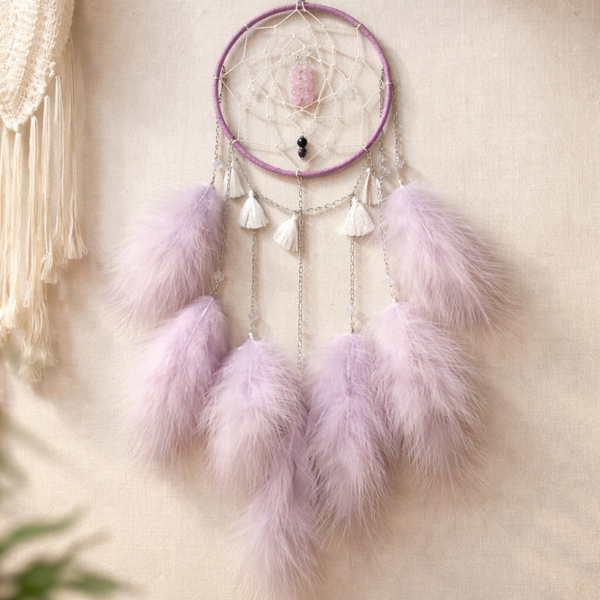 Attrape-rêves Quartz Rose, Sélénite & Améthyste – Harmonie & Énergie Douce