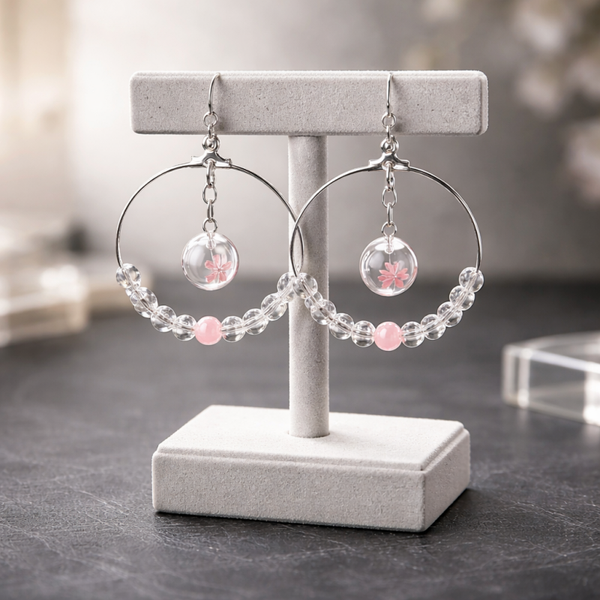 Créoles "Douceur Sakura" - Cristal de roche & Quartz rose