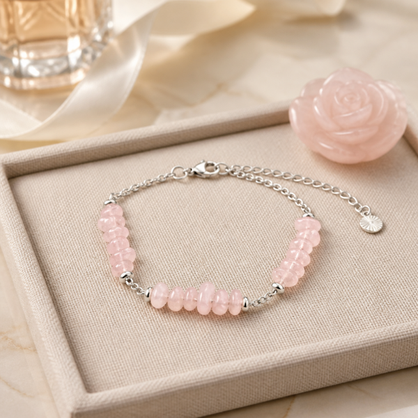 Bracelet réglable chaînette et quartz rose