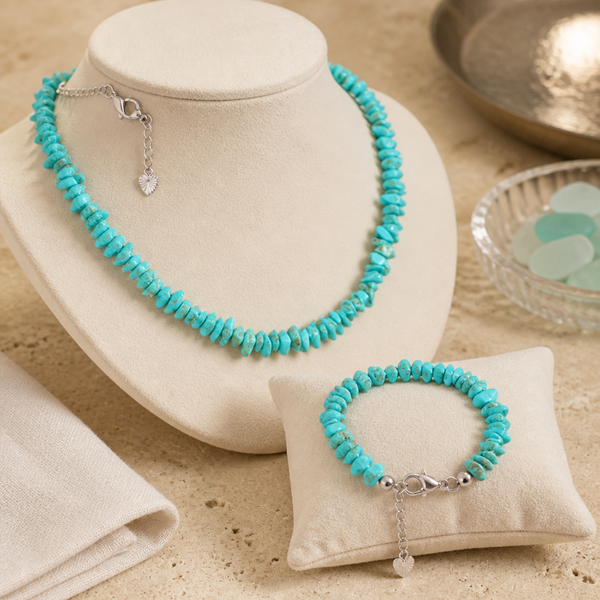 Parure collier et bracelet réglable turquoise perles chips