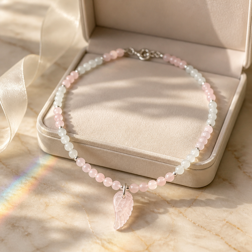 Collier en morganite et pierre de lune 6mm et son aile en quartz rose