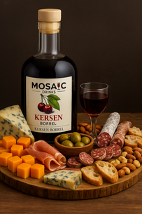Flasche Kirschenlikör von Mosaic mit Käse, Wurst, Oliven und Nüssen auf einem rustikalen Holzbrett