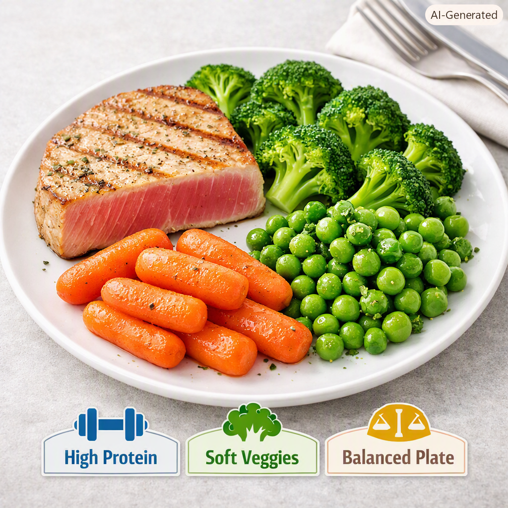 Tuna steak with steamed broccoli, minty peas and soft baby carrots