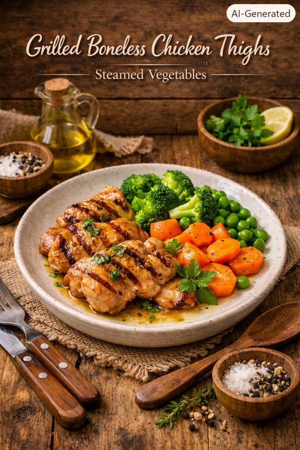 Grilled boneless chicken tights with steamed soft vegetables