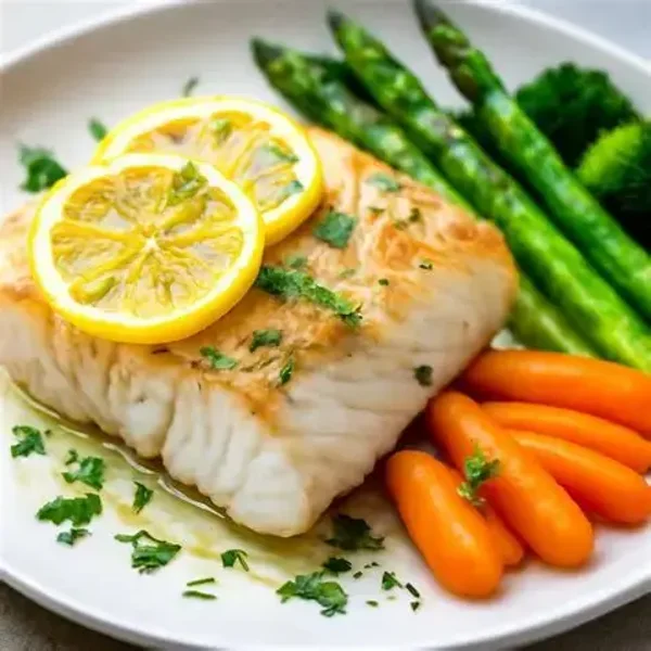 Steamed cod with peas, carrots and broccoli