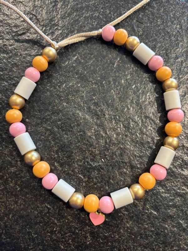 Keramische kralen halsband roze/oranje/goud hart M