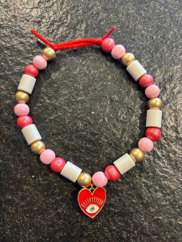 Keramische kralen halsband goud-roze met hart S