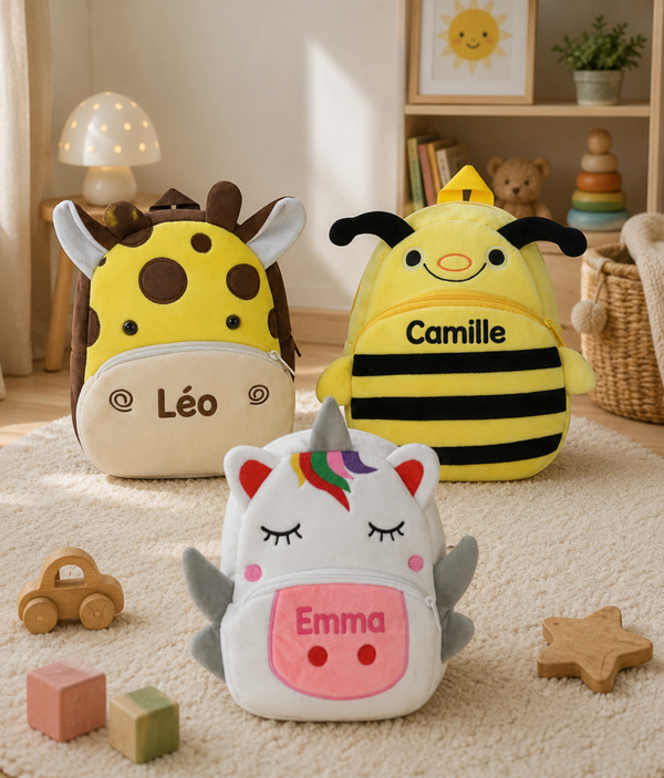 Sac à dos peluche personnalisable – Animaux adorables 🦒🐝🦄